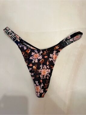 Victoria's Secret Black Floral Thong Panty with Pink & Orange Flowers